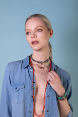 Natürliche Mittelmeer Koralle, Tsavorite und Signature Tahiti Perlen- Sundown Necklace